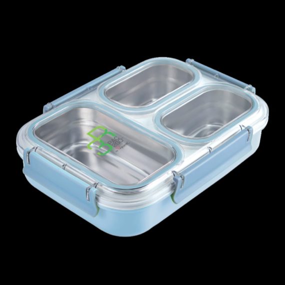 PAC2GO Sassy Collection 0.75L 2 Compartment 304 Stainless Steel Insert Leak Proof Lunch Box With Powder Blue Body & Clip