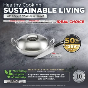 Gourmet 28cm 5ply 18/10 Stainless Steel Wok With Steamer Insert and Stainless Steel Cover with Induction