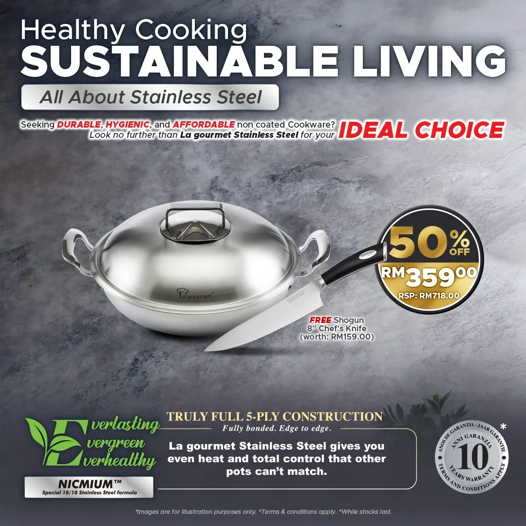 Gourmet 28cm 5ply 18/10 Stainless Steel Wok With Steamer Insert and Stainless Steel Cover with Induction