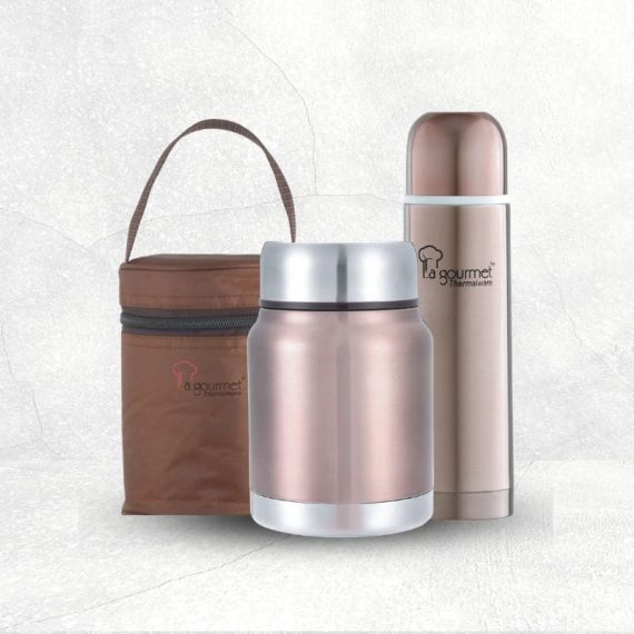 2023.05.18 Sakura 3pcs Set 0.5L Thermal flask + 0.5L Thermal Cooker pot with Pouch (Brass Brown)