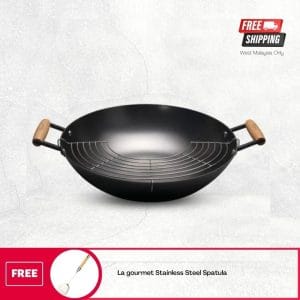 Nitrigan Cast Iron Wok 38cm with 2 Side Handles with Stainless Steel Frying Rack
