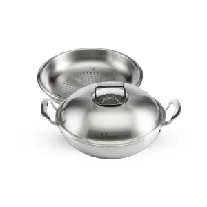 Gourmet 28cm 5ply 18/10 Stainless Steel Wok With Steamer Insert and Stainless Steel Cover with Induction