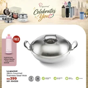Gourmet 28cm 5ply 18/10 Stainless Steel Wok With Steamer Insert and Stainless Steel Cover with Induction