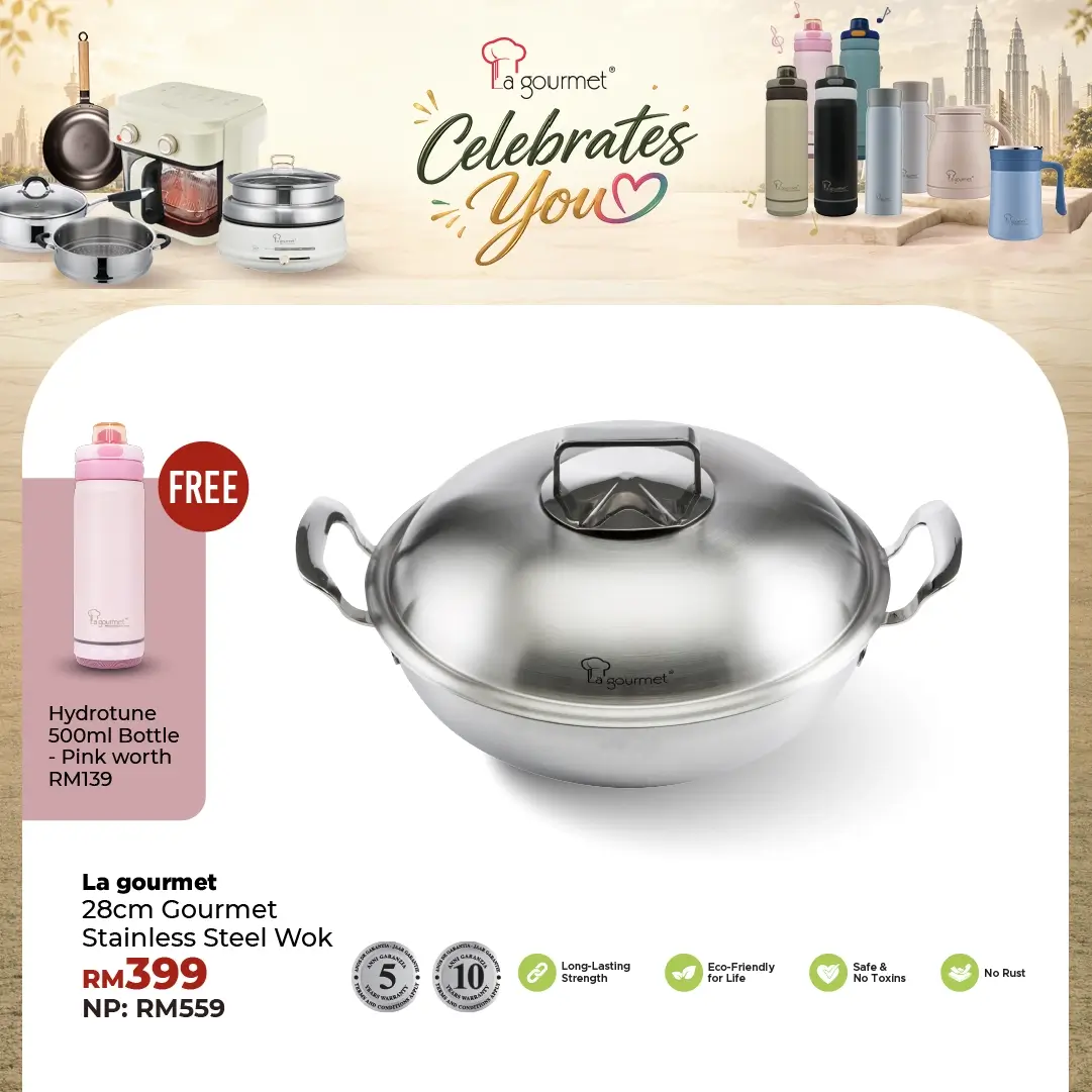 Gourmet 28cm 5ply 18/10 Stainless Steel Wok With Steamer Insert and Stainless Steel Cover with Induction