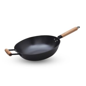 Nitrigan 30 x 8.7cm Cast Iron Wok with Long Wooden Handle + Helper Handle with Induction (4L)