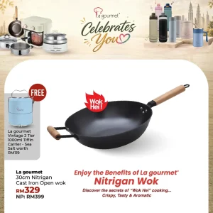 Nitrigan 30 x 8.7cm Cast Iron Wok with Long Wooden Handle + Helper Handle with Induction (4L)