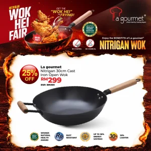 Nitrigan 30 x 8.7cm Cast Iron Wok with Long Wooden Handle + Helper Handle with Induction (4L)
