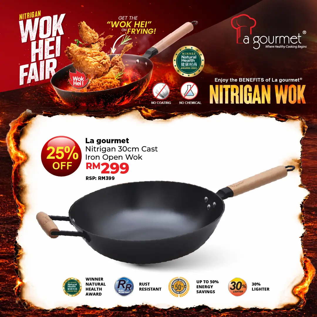 Nitrigan 30 x 8.7cm Cast Iron Wok with Long Wooden Handle + Helper Handle with Induction (4L)