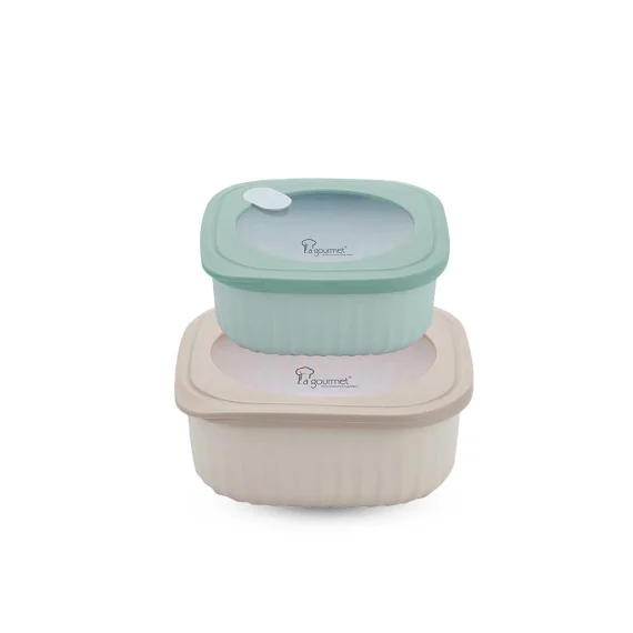 2024.12.16 Snack N’ Sip 1400ml + 450ml Plastic Square Lunch Box Set – Green & Cream No Price