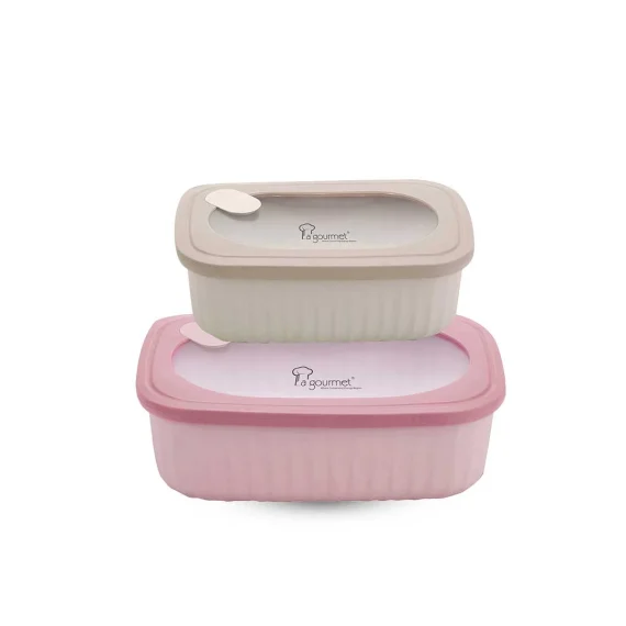 2024.12.16 Snack N’ Sip 1600ml + 380ml Plastic Rectangular Lunch Box Set – Pink & Cream No Price