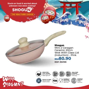 Shogun Mini 2 Ceragan Ceramic 20 x 6.5cm Wok with Glass Lid, 1.4L (Induction) - Pink