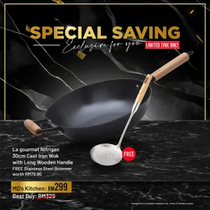 Nitrigan 30 x 8.7cm Cast Iron Wok with Long Wooden Handle [MD's Kitchen]