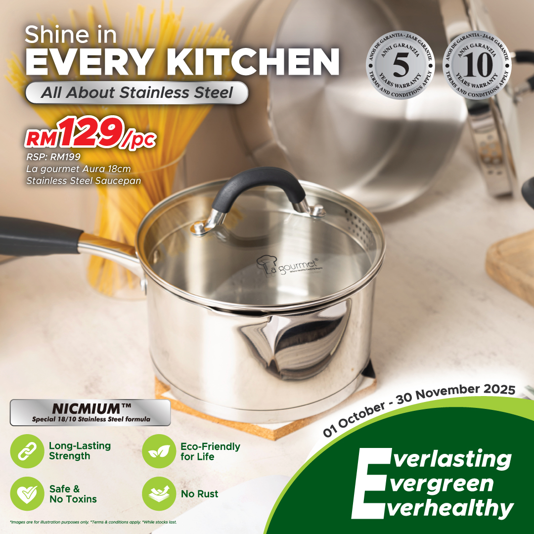 Aura 18x10cm Stainless Steel Saucepan with Strainer, Glass Lid & Silicone Handle,2.5L