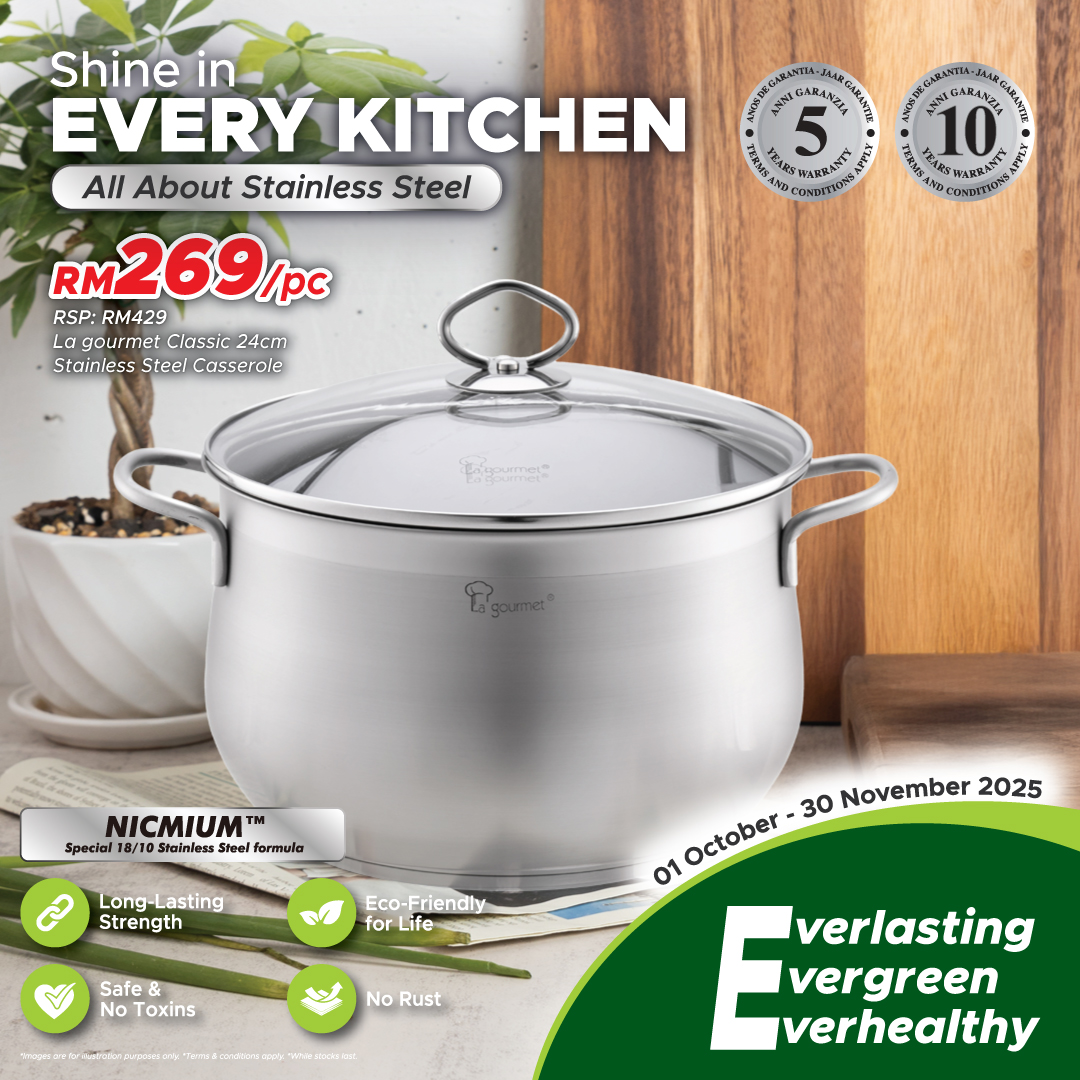 La gourmet Classic 24 x 15cm Stainless Steel Casserole with Glass Lid with Induction (6.7L)