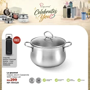La gourmet Classic 24 x 15cm Stainless Steel Casserole with Glass Lid with Induction (6.7L)