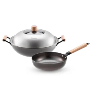 Nitrigan 34cm Cast Iron Wok + 24CM Deep Frypan with Induction