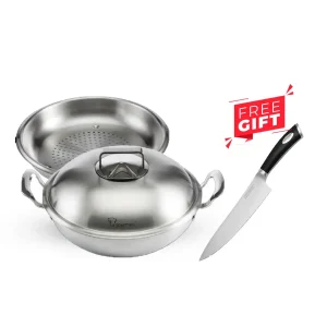 Gourmet 28cm 5ply 18/10 Stainless Steel Wok With Steamer Insert and Stainless Steel Cover with Induction [JOMAMA]