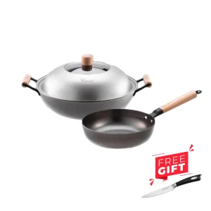 Nitrigan 34cm Cast Iron Wok + 24CM Deep Frypan with Induction