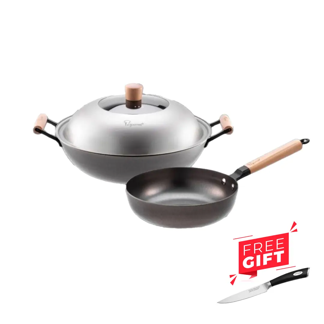 Nitrigan 34cm Cast Iron Wok + 24CM Deep Frypan with Induction